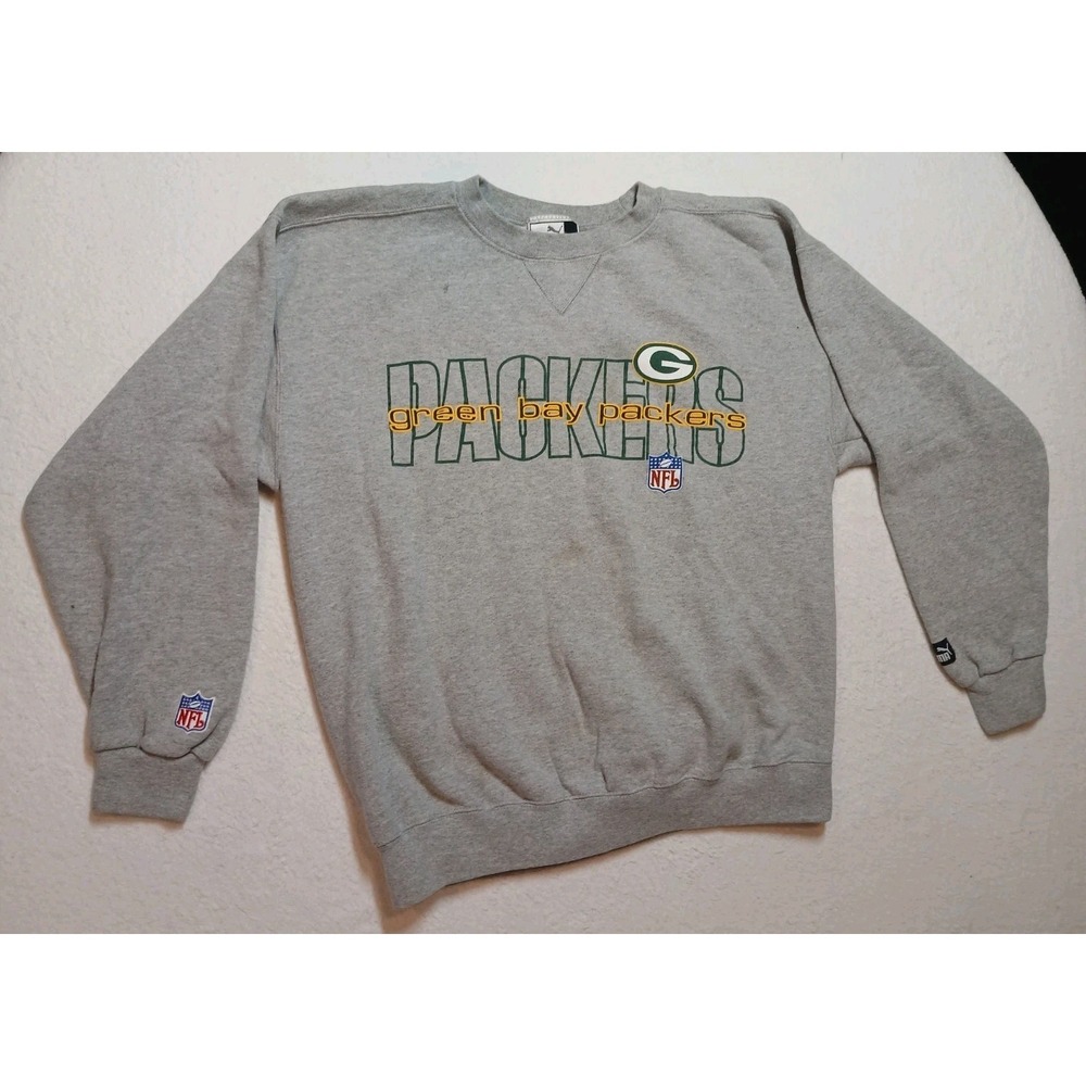 Y2K Puma NFL Green Bay‎ Packers Sweatshirt Large Grey Faded Stained Crewneck